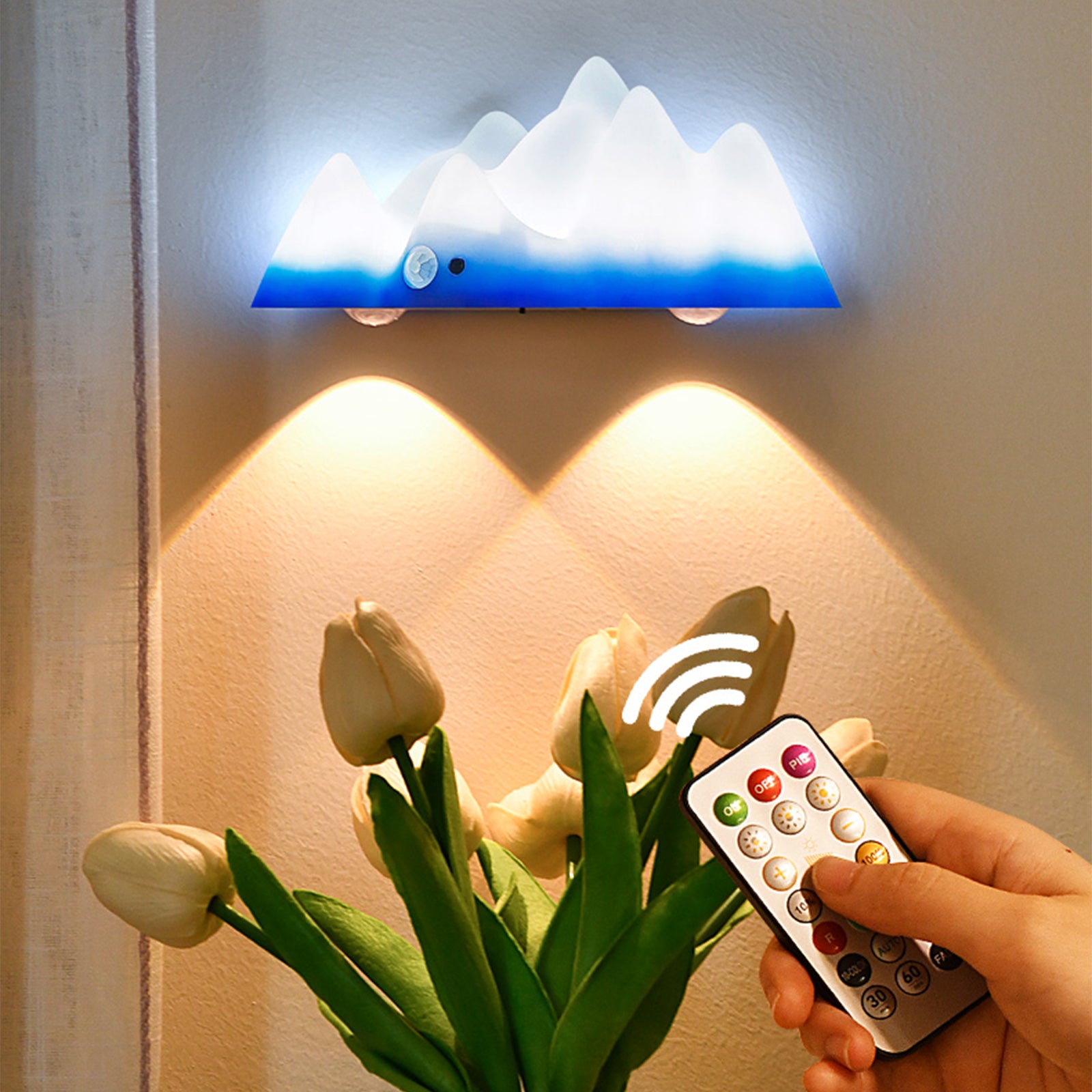 Rechargeable Snow Mountain Wall Lamp with Remote Control, 3-5m Motion Sensor, Multi-Color Adjustable LED Light