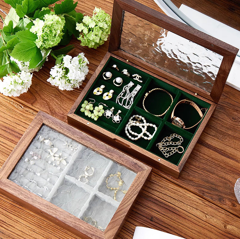 Solid Walnut Wood Jewelry Box with Ripple Glass Lid, Velvet Interior, and Removable Divider