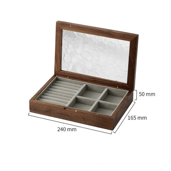 Solid Walnut Wood Jewelry Box with Ripple Glass Lid, Velvet Interior, and Removable Divider