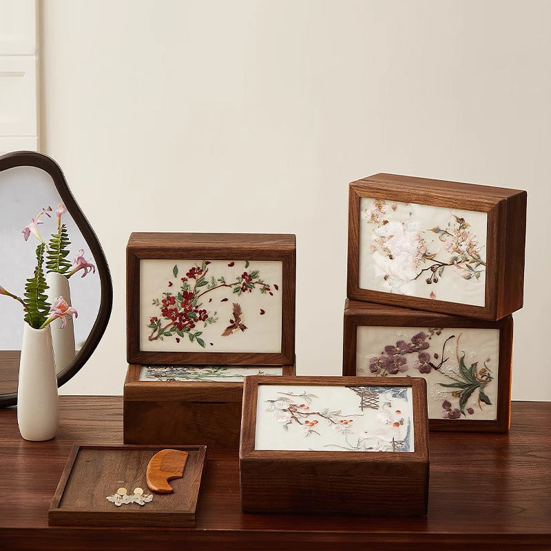 Chinese Embroidered Wooden Jewelry Box – Double Layer Storage