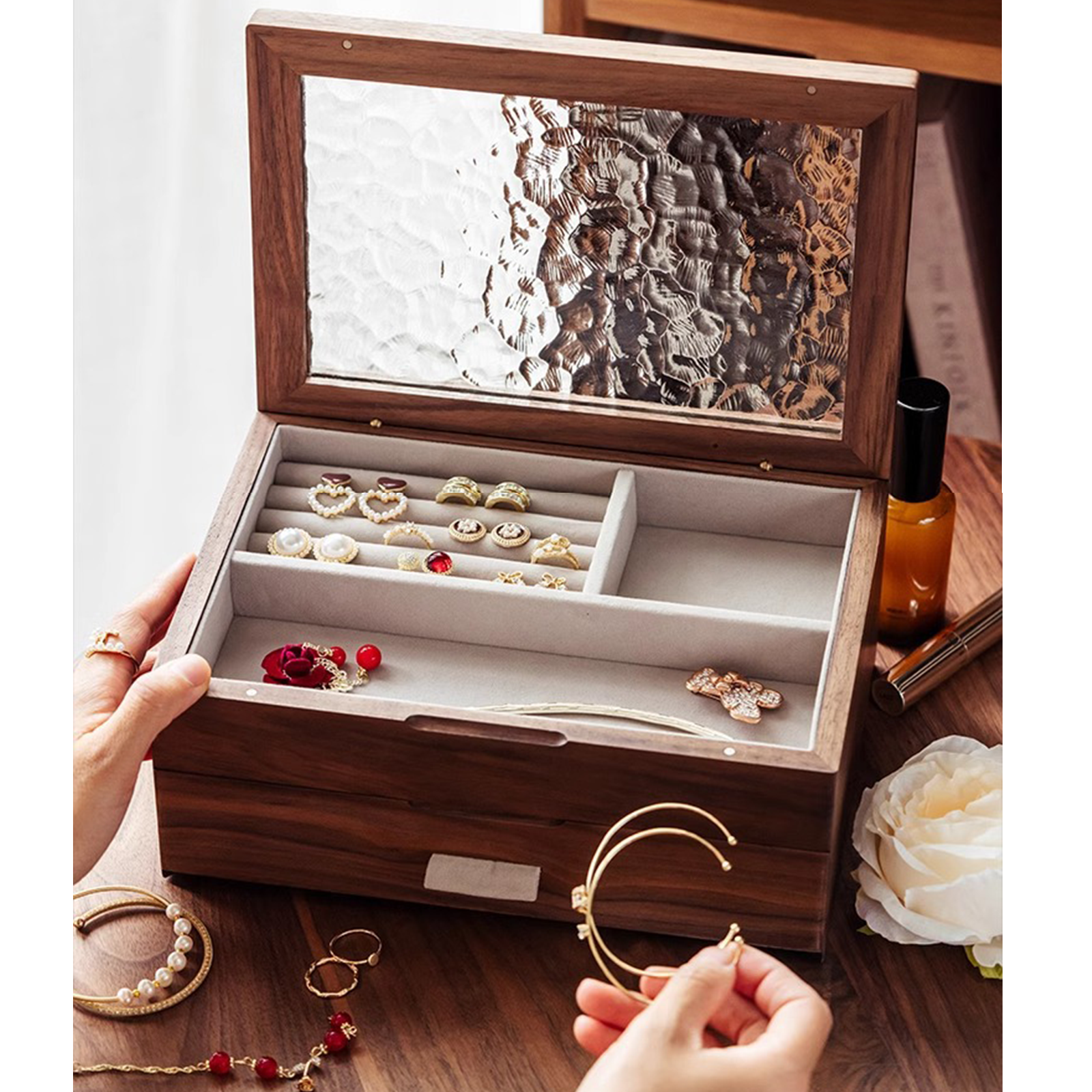 Jewelry Box with Magnetic Closure for Women Jewelry Storage Premium Solid Black Walnut Wood