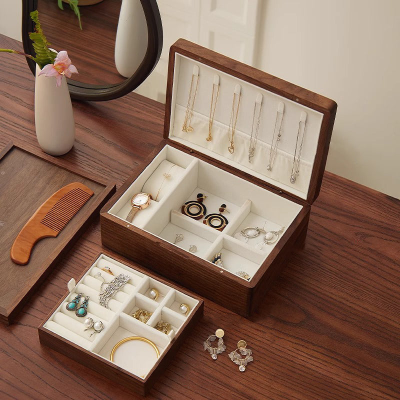 Chinese Embroidered Solid Wood Jewelry Box, Double Layer Storage Organizer, Oriental Vintage Style Keepsake Gift for Bride Wedding Engagement