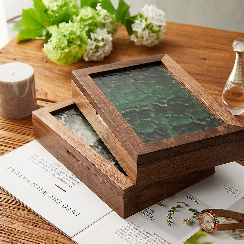Solid Walnut Wood Jewelry Box with Ripple Glass Lid, Velvet Interior, and Removable Divider