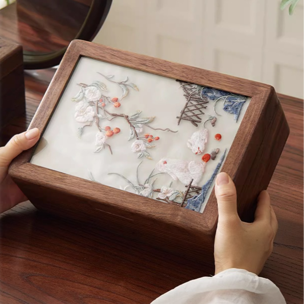 Chinese Embroidered Wooden Jewelry Box – Double Layer Storage