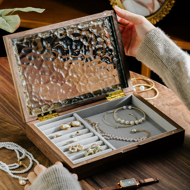 Solid Walnut Wood Jewelry Box with Ripple Glass Lid, Velvet Interior, and Removable Divider
