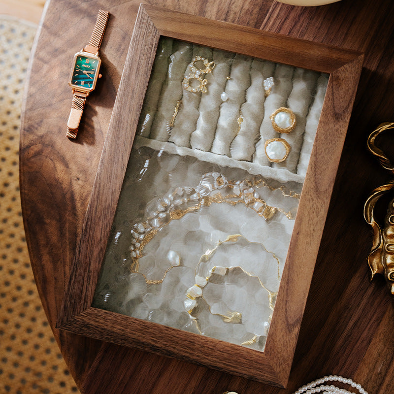 Solid Walnut Wood Jewelry Box with Ripple Glass Lid, Velvet Interior, and Removable Divider