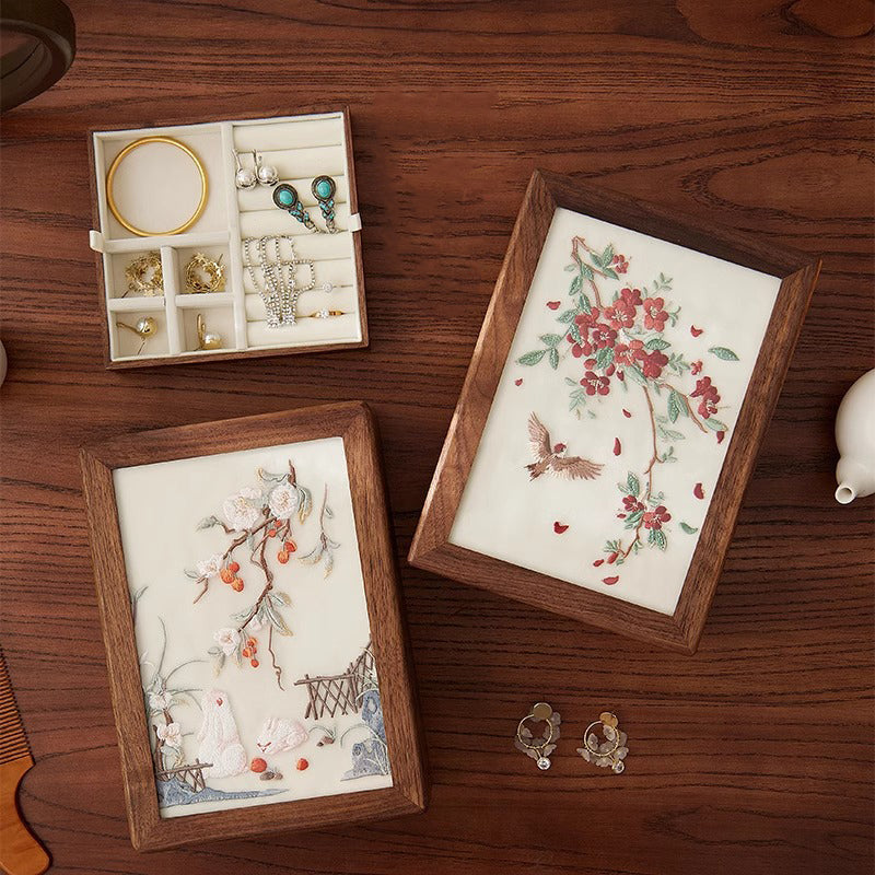 Chinese Embroidered Wooden Jewelry Box – Double Layer Storage