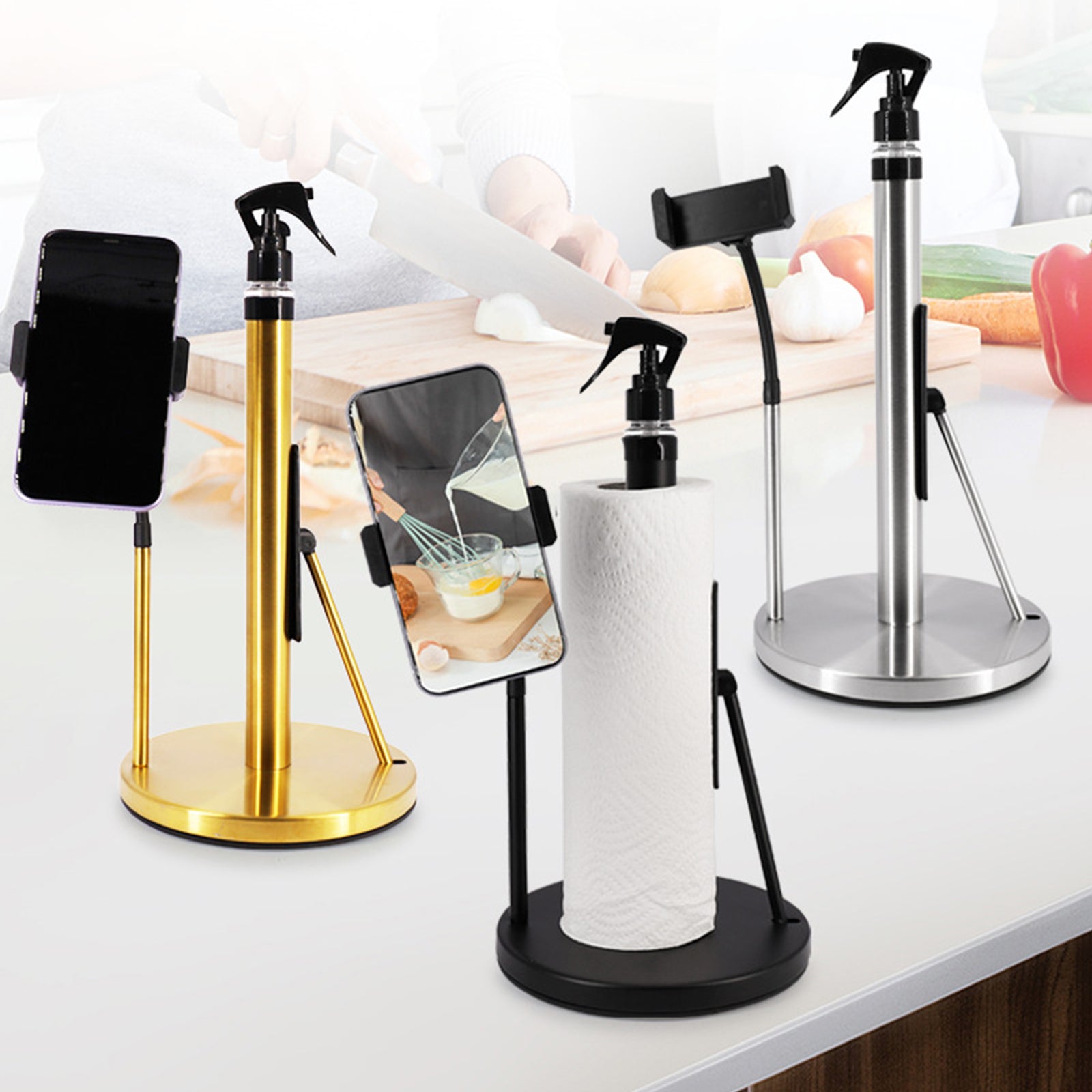 3-in-1 Standing Paper Towel Holder with Spray Bottle & Phone Stand
