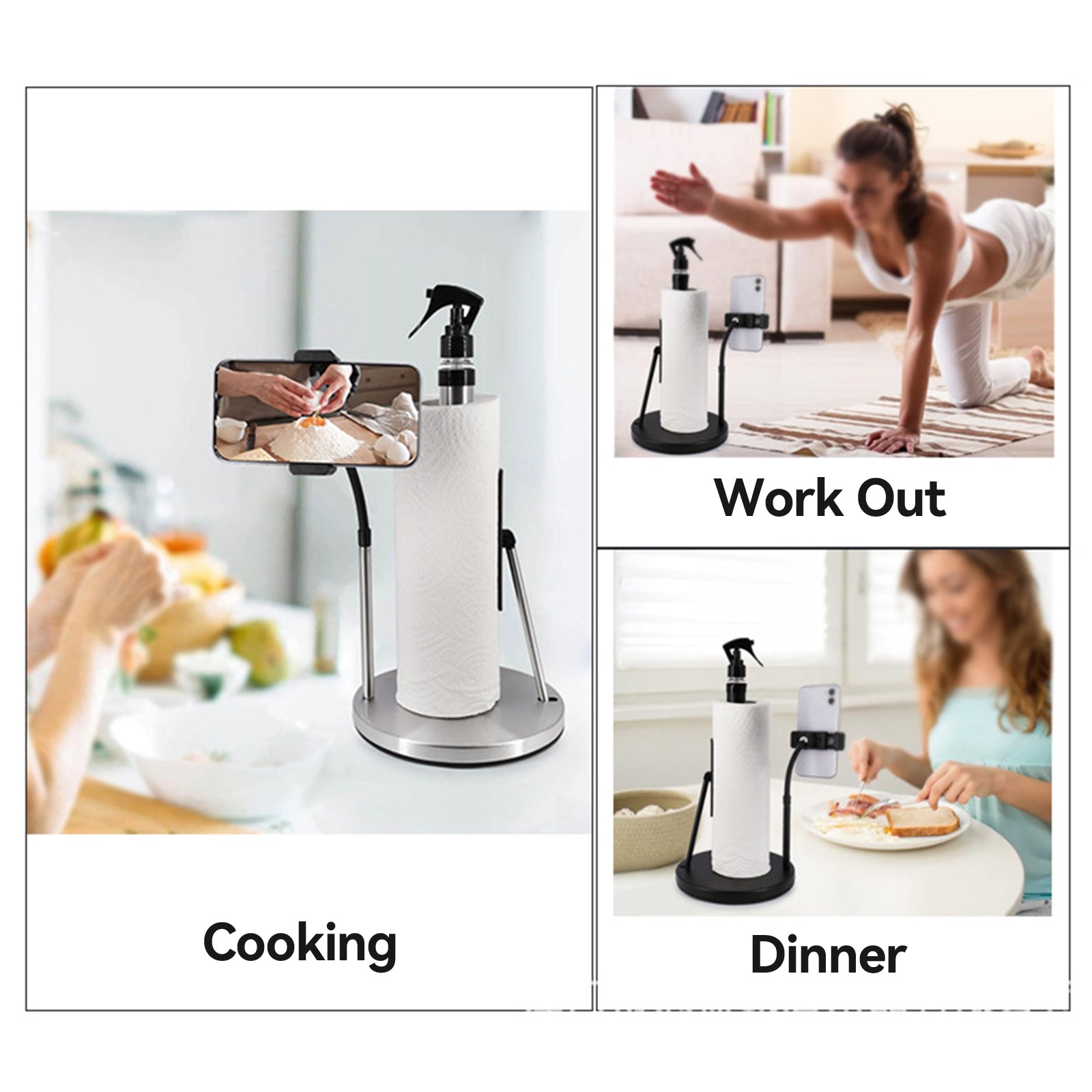 3-in-1 Standing Paper Towel Holder with Spray Bottle & Phone Stand