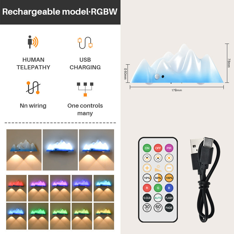 Rechargeable Snow Mountain Wall Lamp with Remote Control, 3-5m Motion Sensor, Multi-Color Adjustable LED Light
