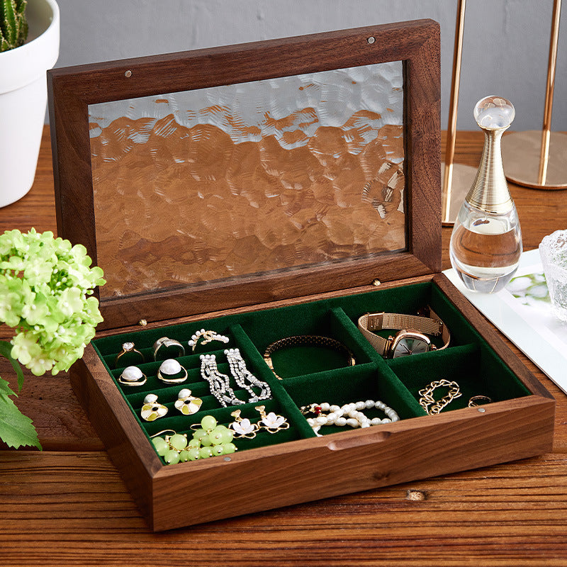 Solid Walnut Wood Jewelry Box with Ripple Glass Lid, Velvet Interior, and Removable Divider